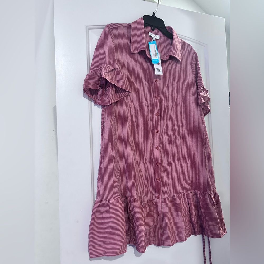 Gilli Pink and White Striped Button-Front Shirt Dress